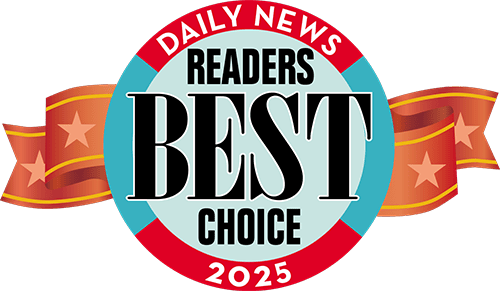 A Daily News Readers Best Choice 2025 award logo featuring a blue circle with a red ribbon.